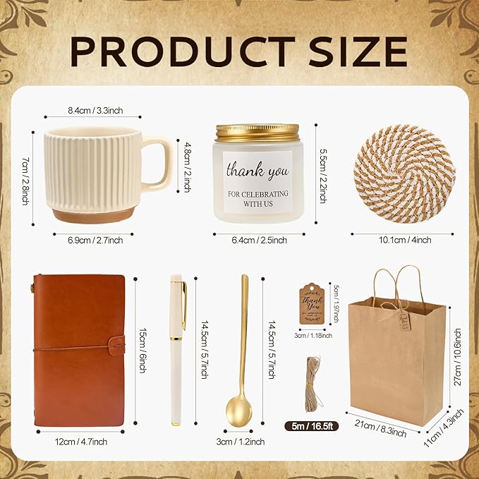 Baby Shower Prizes for Game Winners Baby Shower Games Prizes Ceramic Mugs with Metal Spoons Woven Coasters Notebooks Scented Candles Gift Bags Wedding Bridal Shower Favors for Guests (1, Brown)