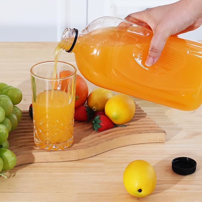 TOMNK 6pcs Juice Bottles, 64oz Reusable Plastic Juice Bottles with Caps and Labels, Funnel, Brush Beverage Containers for Juicing, Smoothies, Tea, Milk