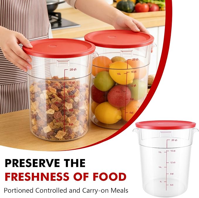 2 Pack Square Food Storage Container With Lid,12-22 Quart Commercial Storage Box With Scale & Handle,Cake Making,Dough Marinating Meat,Kitchen Supplies (Polycarbonate, Round 21 Quart)