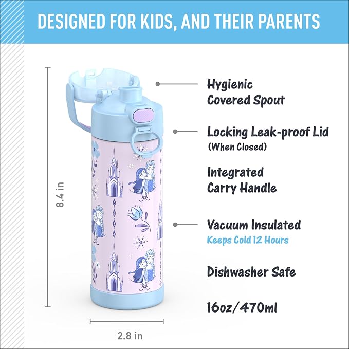 THERMOS FUNTAINER 16 Ounce Stainless Steel Vacuum Insulated Bottle with Wide Spout Lid, Frozen