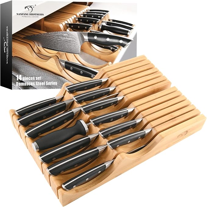 In-Drawer Knife Block with 14 Pieces Japanese Damascus Knives and Sharpener, Bamboo Knife Drawer Organizer with 67-Layer Damascus Steel, Slots for 13 Knives Kitchen Drawer, Counter Top