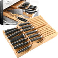 In-Drawer Knife Block with 14 Pieces Japanese Damascus Knives and Sharpener, Bamboo Knife Drawer Organizer with 67-Layer Damascus Steel, Slots for 13 Knives Kitchen Drawer, Counter Top