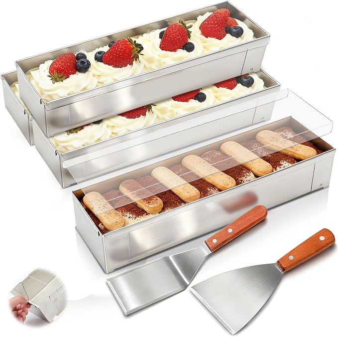 Blushtier 4 Pc Nonstick Rectangle Tiramisu Cake Pan with Acrylic Lid and 2 Metal Spatula Removable Frame 304 Stainless Steel Cake Baking Molds for Tiramisu Cheesecake Mousse (11.81 x 3.94 x 2.56 Inch)
