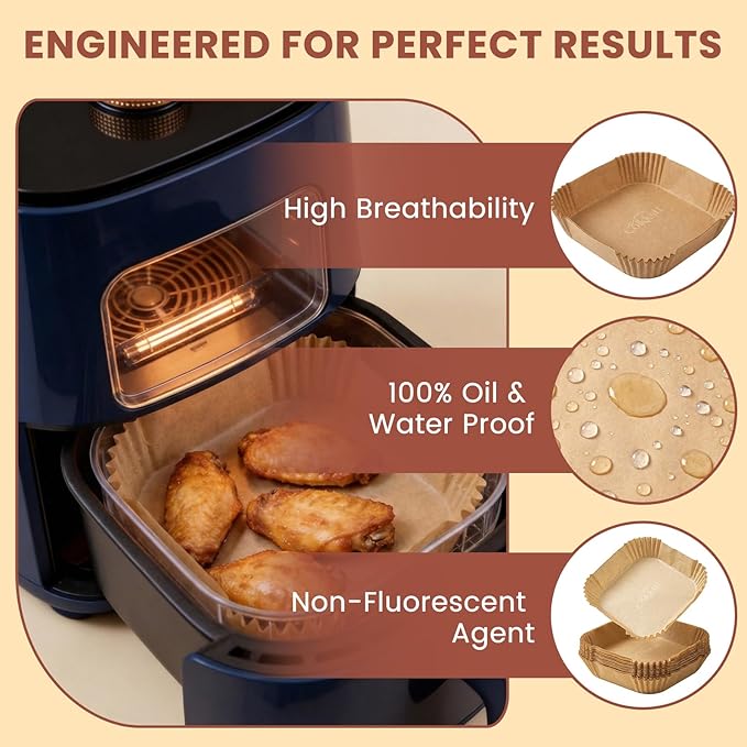500 Pcs 8x8 Inch Disposable Air Fryer Liners, Parchment Paper for Air Fryer, Non-Stick Baking Parchment and Parchment Paper Squares for Bread, Fries (Unbleached Brown)