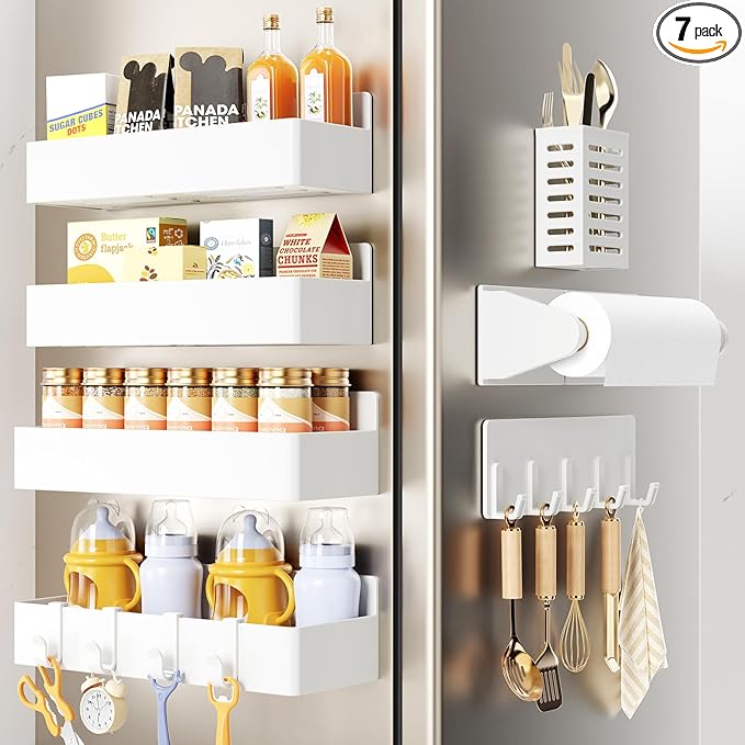 Mystozer Magnetic Spice Rack for Refrigerator,7 Pack Magnetic Shelf,Fridge Magnet Organizer with Paper Towel Holder,Utensils Racks,Hook Rack,Fridge Organizers and Storage White(7 Pack)
