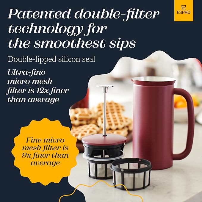 ESPRO Pro P7 French Press Coffee Maker - Double-Walled Stainless Steel Insulated with Micro-Filter - Cranberry, 32oz