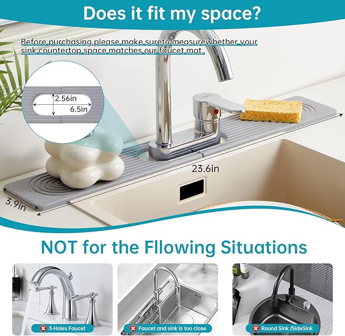 Stone Faucet Mat for Kitchen Sink with Oval Hole – 23.6" × 3.9" Diatomite Drying Stone Mat & Sink Protector, Quick-Dry Splash Guard Water-Absorbing Tray for Bathroom Counter（Gray.23.6" x 3.9"