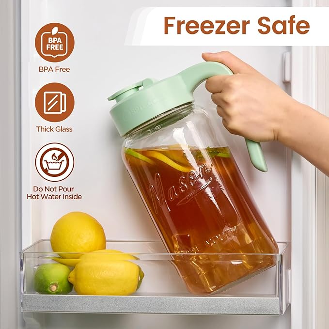 Mason Jar Pitcher - Airtight & Leakproof Glass Pitcher with Lid, Perfect for Breastmilk, Cold Brew, and Sun Tea, 2 Quart (64 oz) Mason Jar with Pour Spout Lid
