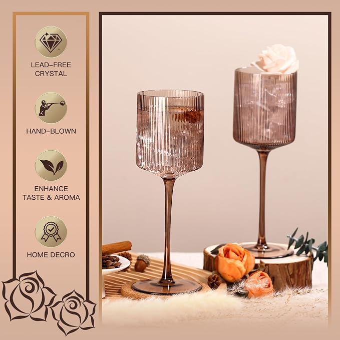 Smokey Gray Square Wine Glasses Set of 6, Elegant Ribbed Design Colored Crystal Glassware with Long Stem, 11.5oz Hand Blown Stemware For Red & White Wine Home Bar Party