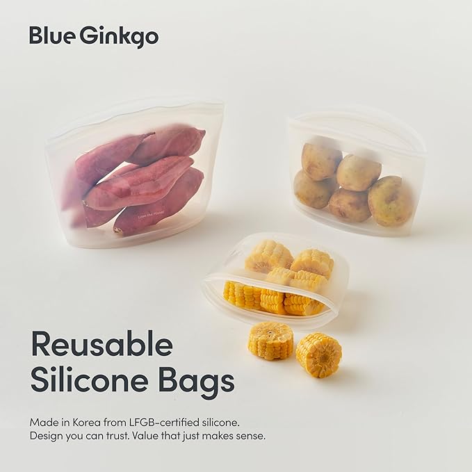 Blue Ginkgo Reusable Silicone Storage Bags – 4-Pack | Korean-Made Stand Up Food, Freezer Bags - Clear