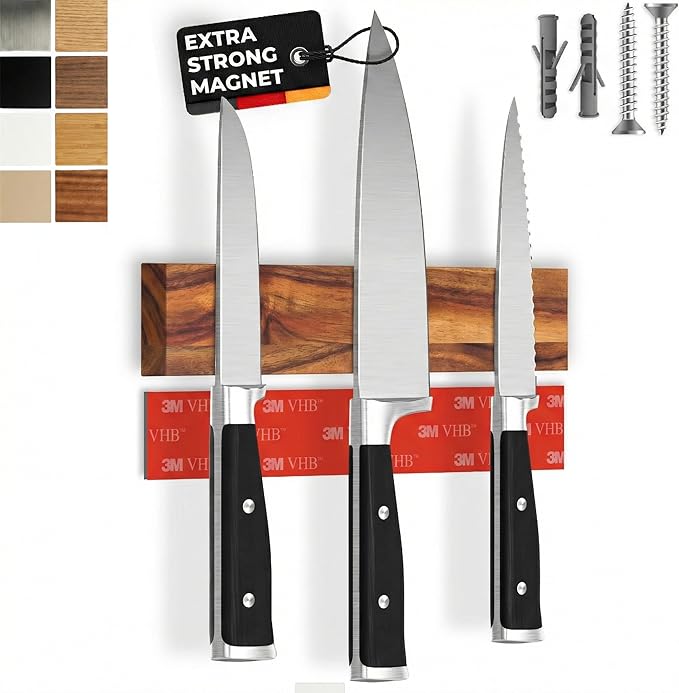 CUCINO Magnetic Knife Holder for wall, 10" no drilling required, includes self-adhesive tape, extra strong for holding knives – Awarded magnet strip – Acacia