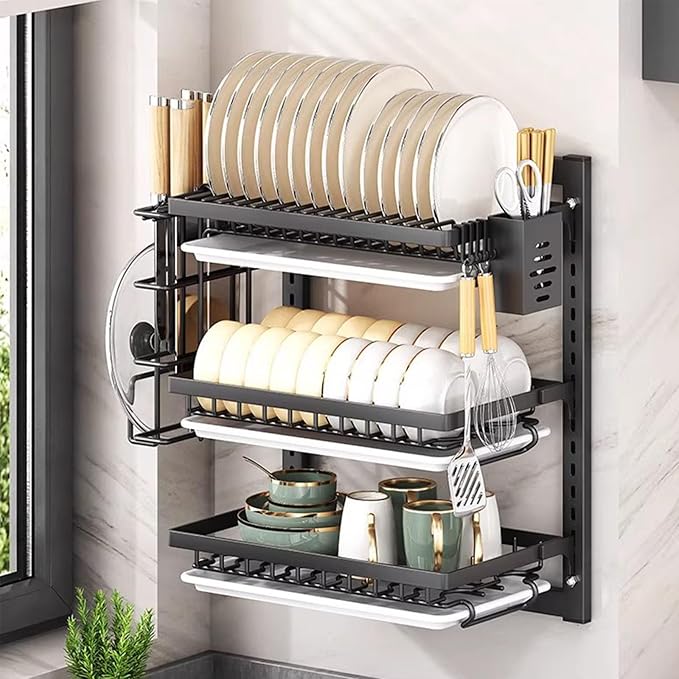 Wall Mounted Dish Drying Rack,Large Dish Drainer Drying Rack for Kitchen Counter,Multi-Level Kitchen Organizer with Drainboard Double-Layer Model(Black,3 Tier 38cm)
