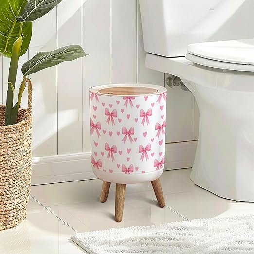 Trash Can with Lid Cute Coquette Aesthetic Seamless Pink Ribbon Bow White Press Top Round Small Garbage Bin with Wooden Legs Waste Basket for Kitchen Bedroom Nursery 7L/1.8 Gallon