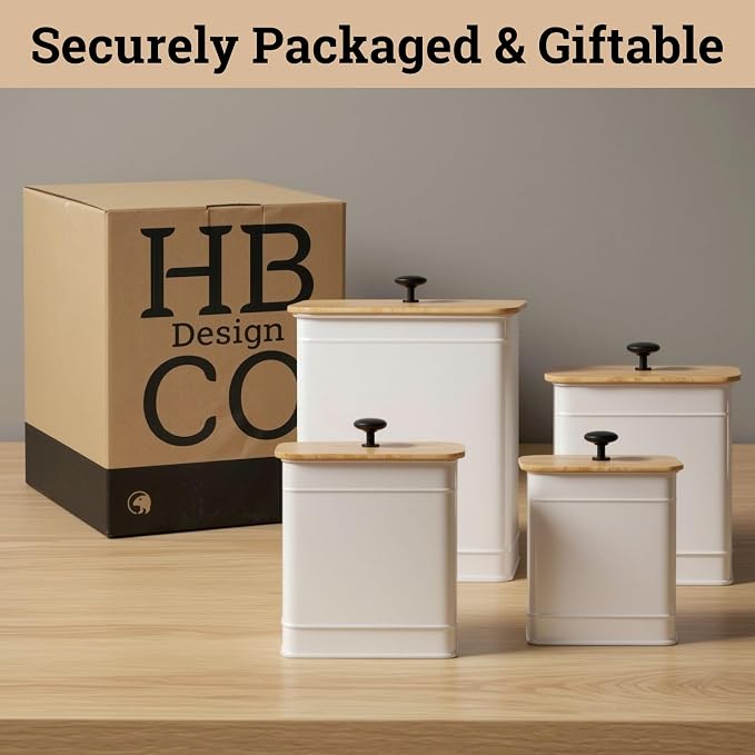 Kitchen Canisters for Countertop Set of 4 with Customizable Chalkboard Labels & Marker Pen - Big Iron Kitchen Canisters with Airtight Lids - Canisters Sets for the Kitchen - White Kitchen Canister Set | Airtight Easy Open Bamboo Lids, Dent-Resistant Th...