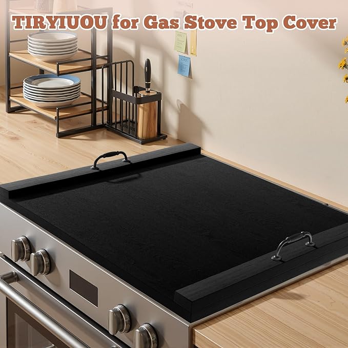 Gas Stove Top Cover: Wooden 30 * 22 Inches Electric Stovetop Covers, Noodle Board with Handles, Wood RV Cutting Board for Kitchen Counter (Black)
