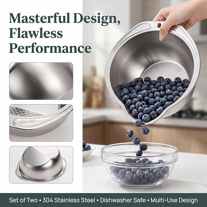 2 Pack Rice Washer Strainer Bowl, Stainless Steel Colander with Side Drainers for Quinoa, Fruit Kitchen Washing Bowl for Cleaning Vegetables, Beans, Pasta
