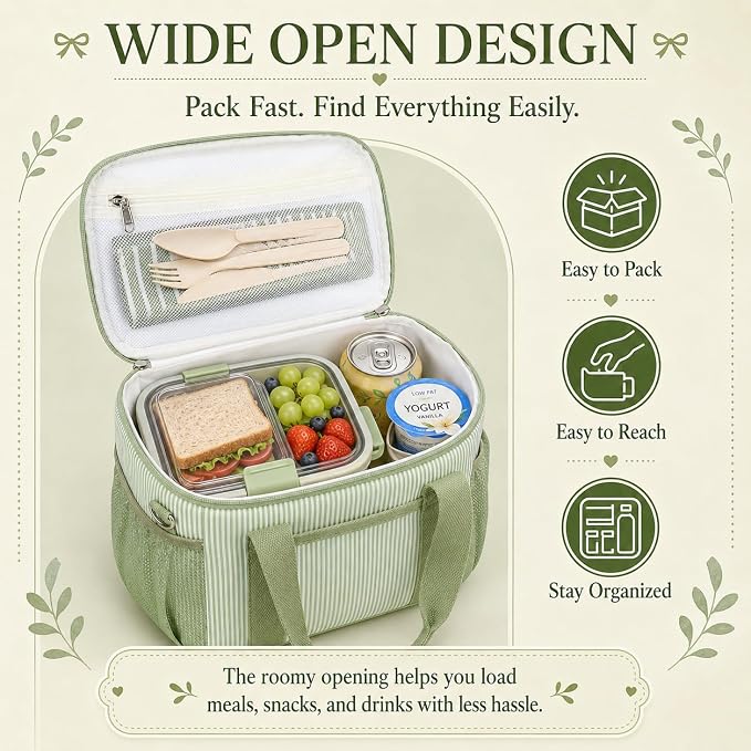 BTOOP Insulated Lunch Box for Women, Cute Corduroy Lunch Bag with Shoulder Strap, Leakproof Wide-Open Lunch Tote for Work, Office, School, Picnic, Green White Stripes