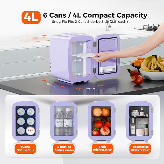 OSTBA Mini Fridge, 4 Liter/6 Can Mini Makeup Fridge, 110V AC/ 12V DC Portable Thermoelectric Cooler&Warmer for Skincare, Drink, Cosmetic, Medicine, Small fridge for Bedroom, Office, Dorm, Car, Purple