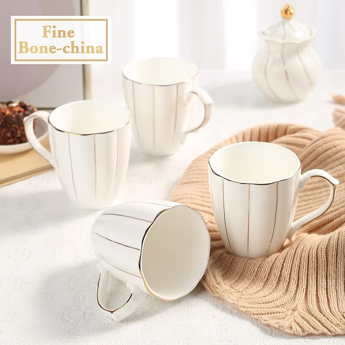 DUJUST Coffee Mug Set of 4(13.5oz), Luxury British Design with Handcrafted Golden Trims, 1st-Class Bone-china White and Gold Cup Set for Coffee, Tea&Milk, Beautiful&Graceful Top Fine Porcelain Cups