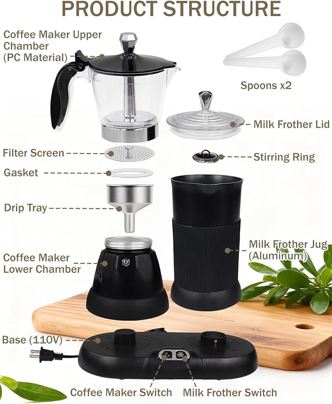 2-in-1 Milk Frother Electric Foam Maker and Moka Coffee Maker Espresso Maker 110V Electric Base Aluminum Frother Moka Pot 5oz 150ml Frothing Easy Brewing Latte Cappuccino Home Gift Black