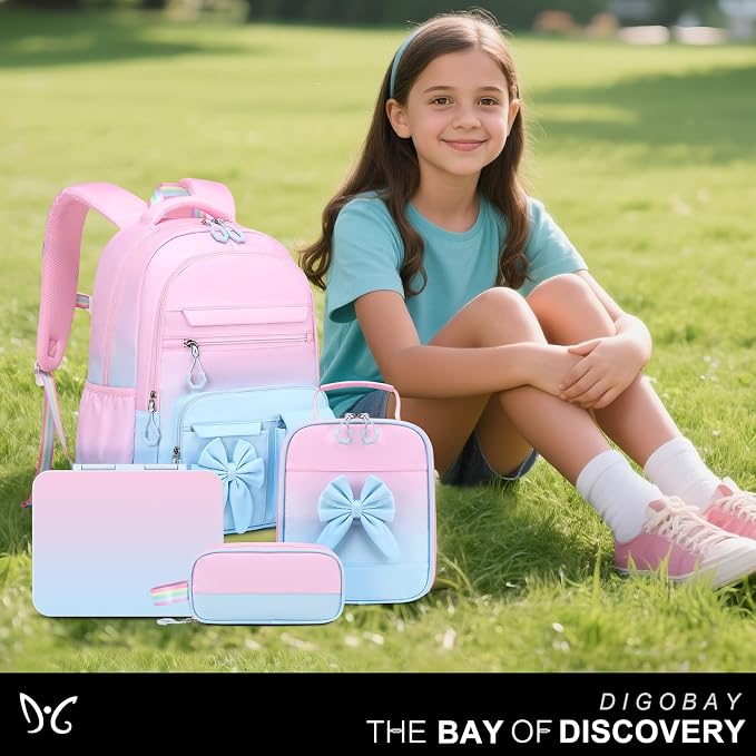 DIGOBAY Girls Backpack - Kids Bento Box Set with Insulated Lunch Bag, Cutlery and Pencil Case, 6 Leak-Proof Compartments, Removable Tray for Girls, Teens School Picnic (Pink-Blue)