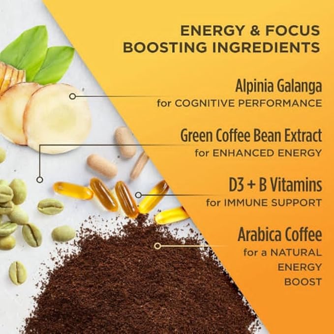 VitaCup Lightning Coffee Pods, for Focus w/ 2X Caffeine, Green Coffee Bean, B Vit, D3, Strong Dark Roast Arabica Beans, Single Serve Pod Compatible with Keurig K-Cup Brewers, 64 Ct (4 Pack of 16 ct)