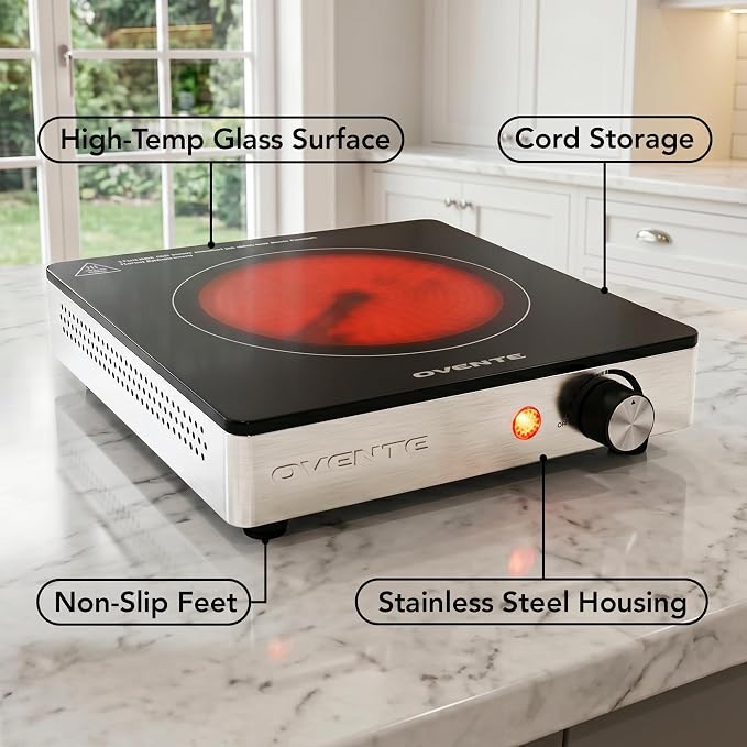 OVENTE Infrared Ceramic Single Burner, 1200W Electric Countertop Hot Plate with Black Crystalline Glass, Portable Stainless Steel Cooktop for Home, Office, or Dorm Use, Black BGI301GB