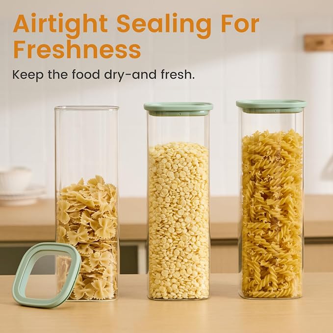 Square Glass Pasta Containers Storage 2.5 Qt Set of 3, Spaghetti Container Storage for Pasta, Nuts, Cereal, Flour, Organize Your Kitchen with these BPA-Free Glass Jars with Lids