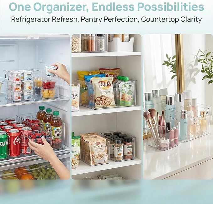 Crystal Clear Freezer Storage Bins, Clear Plastic Storage Bins for Refrigerator and Pantry, Stackable Freezer Organizer Bins with Handles, Versatile for Kitchen, Bathrooms, Cabinets (8 Large)