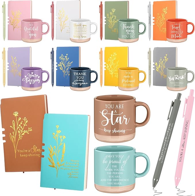 Didaey 10 Sets Employee Appreciation Gifts Set 13oz Inspirational Pastel Ceramic Coffee Mugs A6 Leather Notebooks Ballpoint Pens Bulk Thank You Gifts for Coworker Employees Staff Team Members