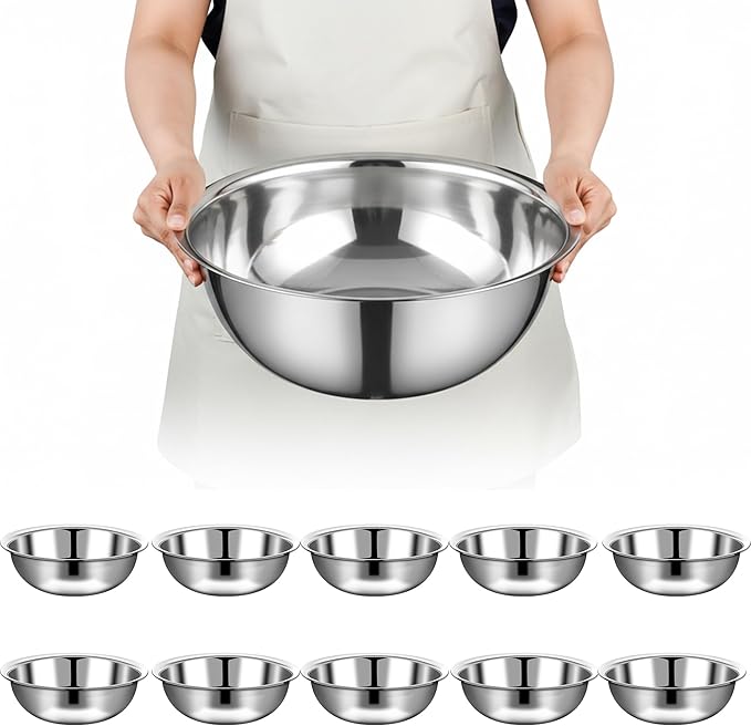 10 Pcs Stainless Steel Mixing Bowls Metal Mixing Bowls Extra Large Basin Salad Bowl with Deeper Edge, Dishwasher Safe, Mirror Finish for Home and Commercial, Silver (13 Inch 7 Qt)