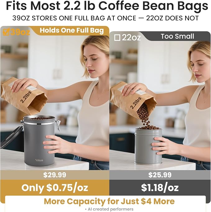 Veken Coffee Canister, 39OZ Large,Airtight Stainless Steel Food Storage Container for 2.2lbs Beans,Ground,Sugar,Espresso,Rice,Tea,Flour,Cereal,Cookie,Lids,Jars,Gifts,Scoop,Kitchen Bar Accessories,Gray