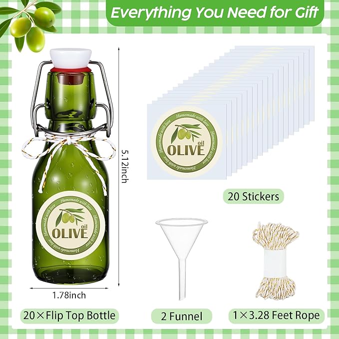 Queekay 20 Pack Mini Swing Top Glass Bottles for Vanilla Extract Homemade Olive Oil Bottles with Lids Airtight Cap Lids Labels for Wedding Baby Shower Favors(4 oz,Olive Green)