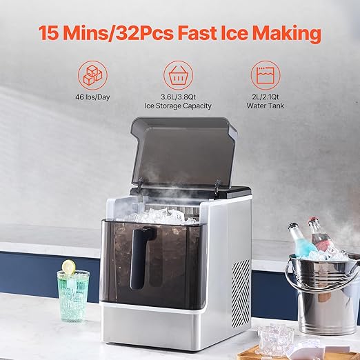 VEVOR Countertop Ice Maker, 32 Cubes Ready in 15 Mins, 46lbs in 24Hrs, Self-Cleaning Portable Ice Maker with Convenient Ice Transfer, Ice Machine with 2 Sizes Ice Cube for Home Kitchen Office Party