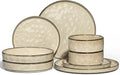 E-far 8-Piece Plates and Bowls Sets with Pasta Bowls - Stoneware Dinnerware Set for 2, Modern Ribbed Dishes, Microwave & Dishwasher Safe, Sandy Khaki