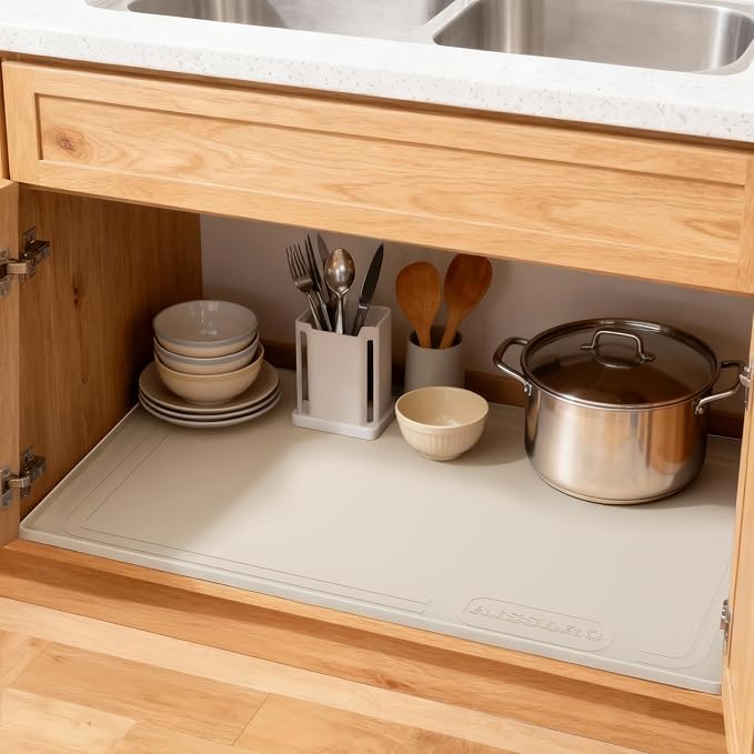 Aisslro Under Sink Mat 34" X 22", Waterproof Silicone Cabinet Organizer Protector with Raised Edge, Kitchen & Bathroom Leak Tray, Shelf Liner & Pet Feeding Mat for Dog Cat Food Mats, Beige
