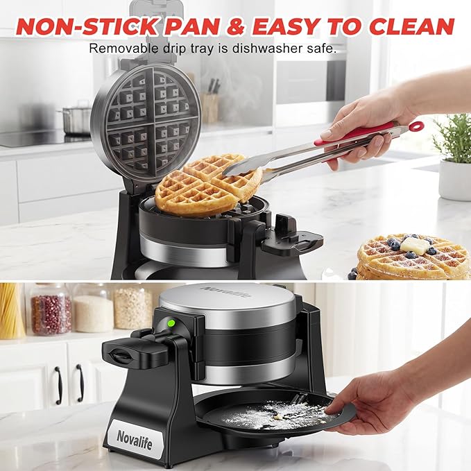 Waffle Maker, 1400W Belgian Waffle Maker, Double Waffle Iron 180° Flip, 8 Slices, Rotating & Nonstick Plates, Removable Drip Tray Easy to Clean, Locking Buckle & Cool Touch Handle