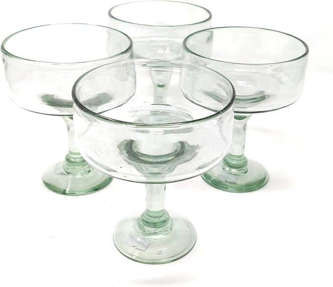 Dos Sueños Mexican Hand Blown Glass – Set of 4 Natural Clear Hand Blown Margarita Glasses (16 oz)