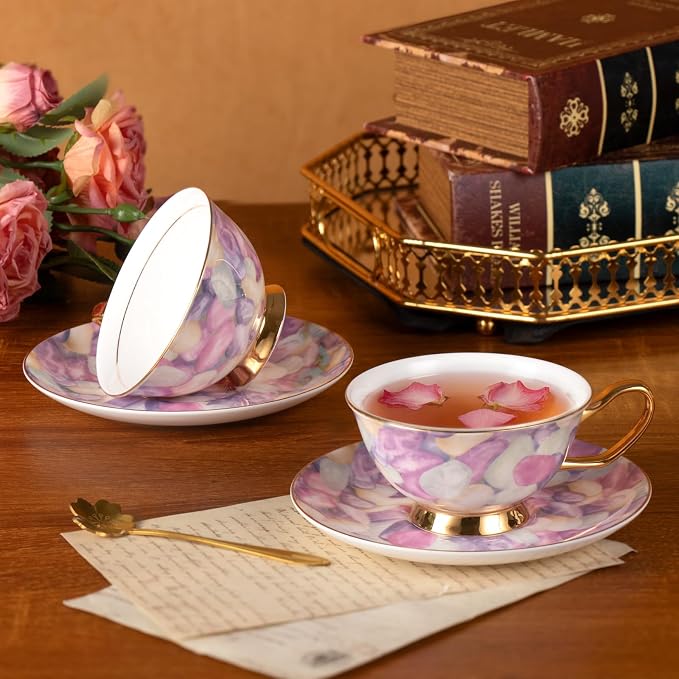 KAMMAK Tea Cups and Saucers Set of 2, Porcelain Coffee Cups, Stackable Espresso Mugs, Ceramic Demitasse for Coffee, Cappuccino, Latte, Americano, Tea, Pebble
