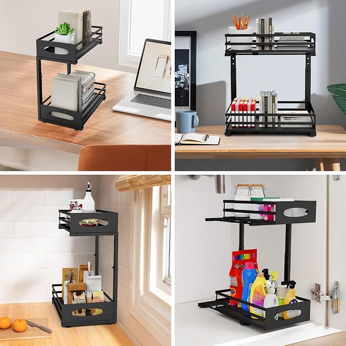 Under Sink Organizer, Slide Sink Steel Shelf Cabinet Storage Shelves, Height Adjustable Under Sink Organizers and Storage, 2 Tier Pull Out Drawer Cabinet Organizer for Kitchen Bathroom
