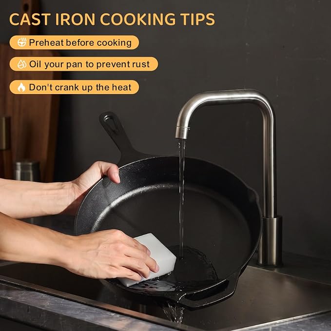 EWFEN Cast Iron Skillet 3-Piece Set, 8", 10" & 12" Pre-Seasoned Frying Pans, Heavy-Duty Professional Restaurant Chef Quality Cookware w/Drip Spout, Indoor & Outdoor Use, Oven, Stove, Grill & Campfire