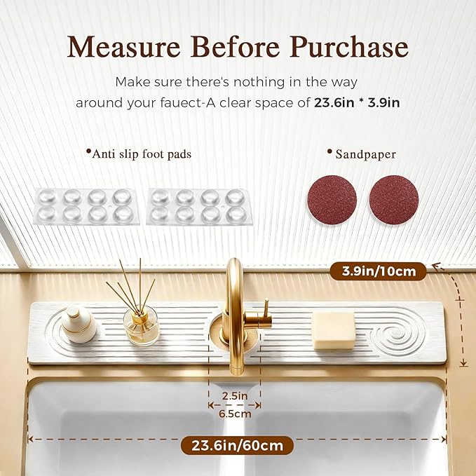 2 Pack Stone Faucet Mat for Kitchen Sink, Absorbing Drying Stone Mat Prevent Moisture, Sink Splash Guard Water,Natural Diatomite Stone Tray for Bathroom Counter 23.6*3.9inch (White+White)