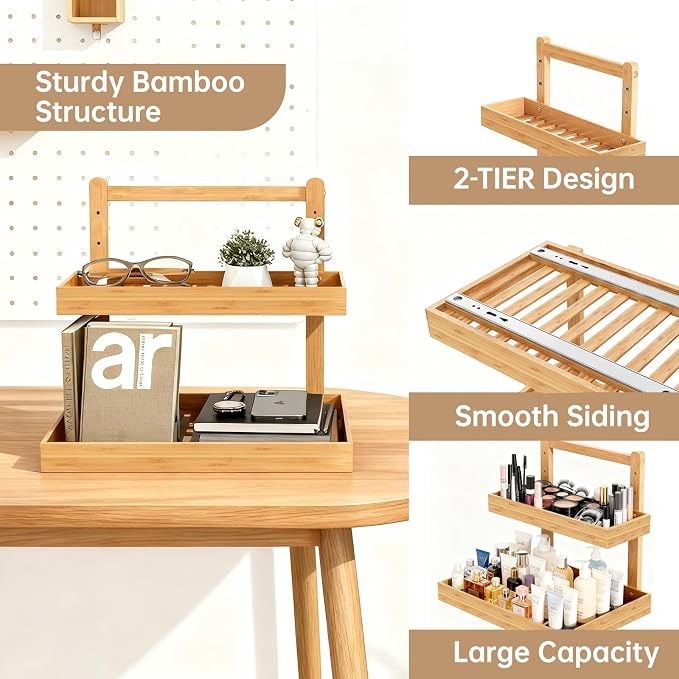 Bamboo Undersink Organizer Storage - 2-Tier Cabinet Shelf with Adjustable Levels, Under Sink Storage Slide Out for Cabinet Pantry Kitchen Bathroom (Natural, 2 Packs)