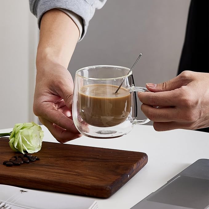 Double Wall Insulated Latte Glasses 10oz with Handle - Set of 1, Clear Glass Mugs for Cappuccino, Espresso, Tea & Hot Drinks