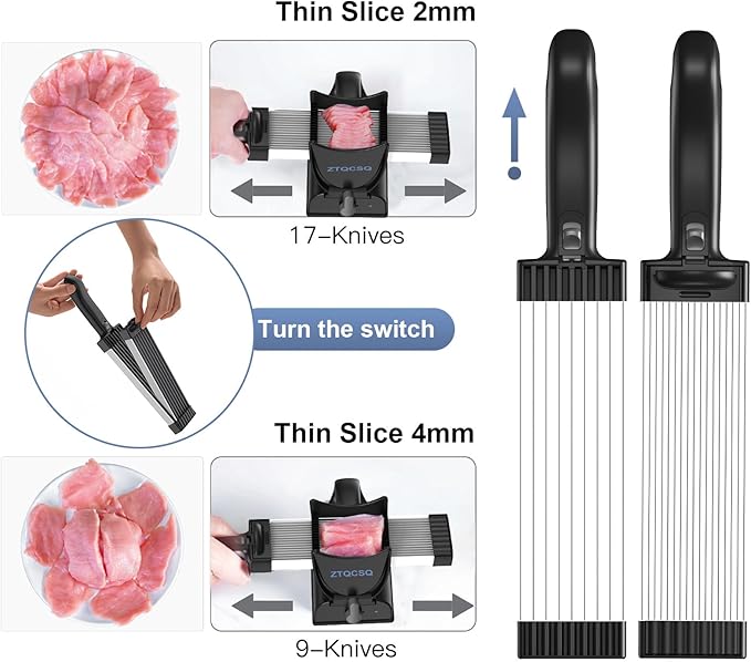 New Meat Slicer for Fresh Raw Meat (Steady Grip), Manual Cutter Slicer, 17 Blades Once Get 18 Slices, Slicing Shredding (2 or 4 mm), Meal Prep, Beef Pork Mutton for Cooking BBQ Hot Pot -Black