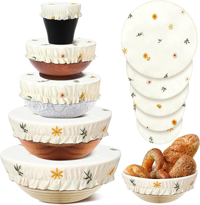 Patelai 10 Pcs Bowl Covers Reusable in 5 Size Stretch Cloth Fabric Elastic Food Storage Bowl Covers Bread Sourdough Lids for Proofing Food Fruits Leftover(Yellow, Green, White,Embroidery Daisy)