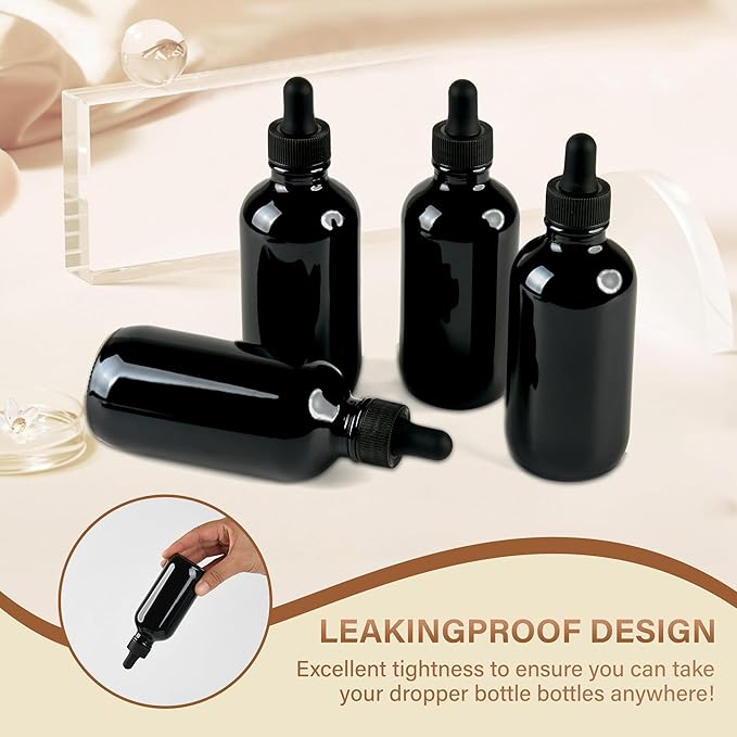 NOOEEISS 4 Pcs 4oz Black Glass Eye Dropper Bottle, Tincture Bottles With Leak-Proof Design, Stronger Suction for All Kinds of Mixed Liquids