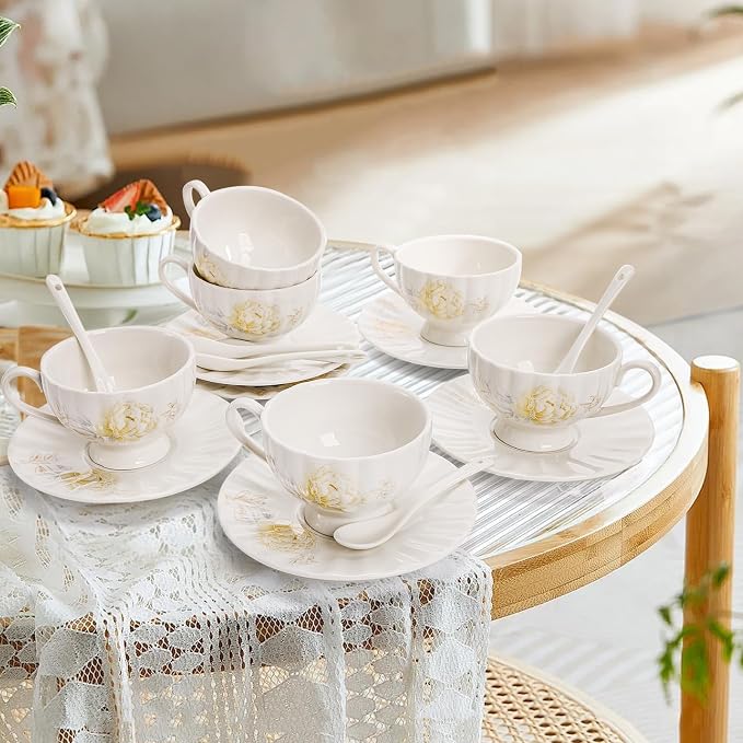 WRINGKIT Tea Cups and Saucers Set of 6, 7 Oz Floral Tea Cups, White Porcelain Tea Cup with Saucer, British Coffee Cups Sets for Women Teas Party, Cappuccino, Latte, Microwave Safe