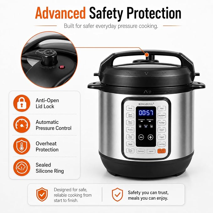 KINGBULL 6QT Electric Pressure Cooker – 12-in-1 Multi Cooker, One-Touch Programs for Rice, Soup, Meat, Steam, Yogurt, Slow Cook, Keep Warm & Delay Start