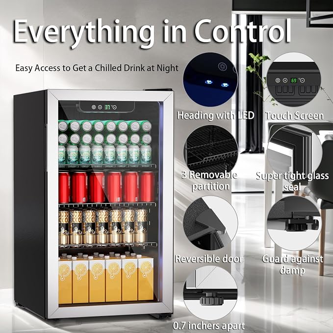 Compact 105 Can/3.0 Cu.Ft Mini Fridge For Soda, Beer Or Wine, Portable Small Beverage Refrigerator Cooler With Digital Display&Removable Shelves &Reversible Glass Door For Office, Dorm, Bar